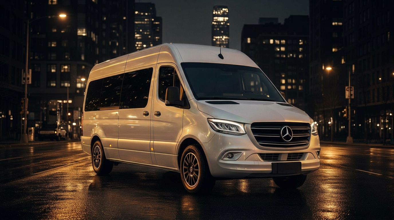 White luxury Mercedes Sprinter at night